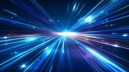 Vector Abstract, science, futuristic, energy technology concept. Digital image of light rays, stripes lines with blue light, speed and motion blur over dark blue background. 