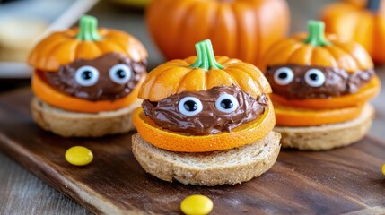 Pumpkin-shaped Halloween fruit sandwiches with orange slices, chocolate spread, and spooky candy eyes for a fun twist.