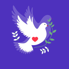 white dove with a red heart and olive branch, flying against a purple background, symbolizing peace and love.