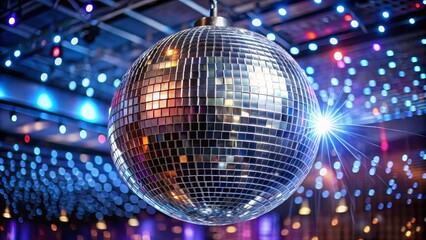 Disco ball is hanging from the ceiling, reflecting colorful party lights