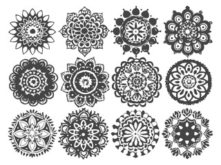 Ornate Circular Mandala Set, Black and White Line Art