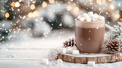 A steaming cup of rich hot chocolate filled with fluffy marshmallows sits on a table adorned with charming Christmas decorations and glowing bokeh lights that enhance the festive ambiance