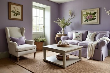 Tranquil Cottage Interior with Lavender Walls Classic Square Coffee Table and Neutral Linen Chair with Botanical Decor