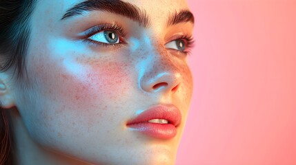 Side profile of a young woman with dark circles and uneven skin tone, with natural light After image  even-toned, bright skin, glowing, and confident expression, Pop art, Vibrant colors
