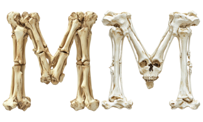 letter font "M" made of bones and skulls for halloween parties and horror festivals