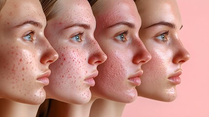 Progressive shots of acne healing stages after chemical peel treatment, from redness to clear skin, gentle pink tones, minimalist background, detailed photo-realistic rendering
