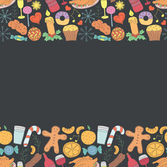 Seamless christmas frame. New year background. Doodle illustration with christmas and new year icons