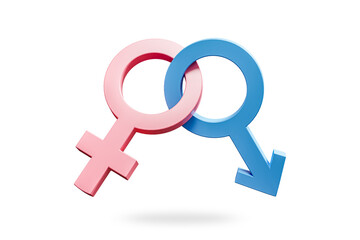 Male and female gender symbols together. Symbol of marriage, couples. Blue sign of Mars, pink sign of Venus, isolated on white background, Icons for sex shop. Product markings for adults, 3d render