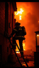 A firefighter battling a huge blaze with flames shooting into the sky is depicted against a backdrop of dark smoke and fiery light, symbolizing heroism and courage in the face of danger.