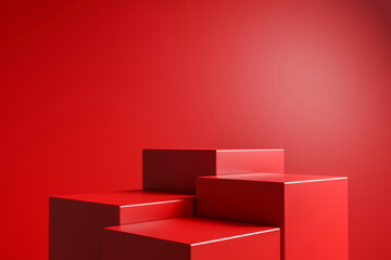 4 steps of empty red cube podium, showcase product, 3d render