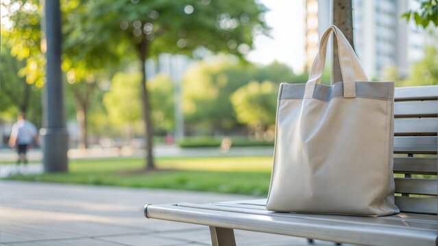 Tote bag mockup concept image with a blank tote bag sitting outside in a park on sunny day for the large sturdy cloth unfastened bag with parallel handles with copy space