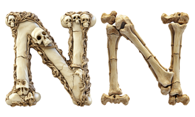 letter font "N" made of bones and skulls for halloween parties and horror festivals