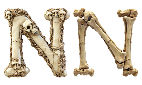 letter font "N" made of bones and skulls for halloween parties and horror festivals