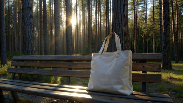 Tote bag mockup concept image with a blank tote bag sitting outside in a park on sunny day for the large sturdy cloth unfastened bag with parallel handles with copy space