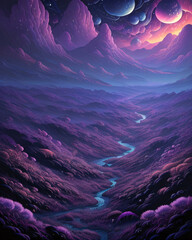 The purple-blue landscape and the stream seem otherworldly.