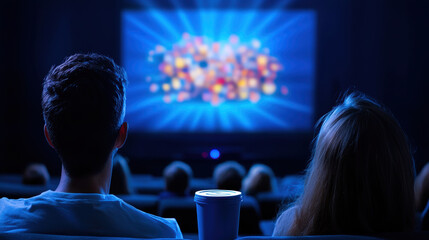 Obraz premium Couple enjoying a movie night in a theater, illuminated by vibrant screen visuals, featuring snacks and excitement.