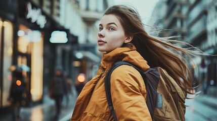 Fototapeta premium Young Woman in Urban Setting with Backpack - Stylish Outdoor Lifestyle