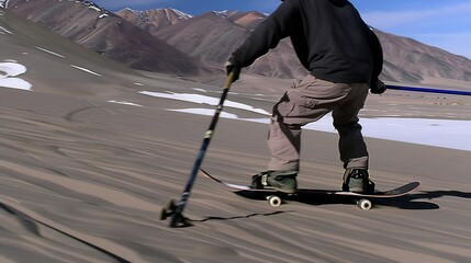 Obraz premium Slowmotion capture of sandboarder in action highlighting tricks and equipment on dunes