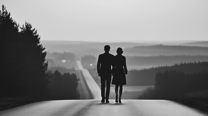 Fototapeta premium A monochromatic scene of two individuals, presumably a man and a woman, walking away from the viewer on a vast, open road. The horizon is clear, and the sky above is expansive, suggesting a wide-open 