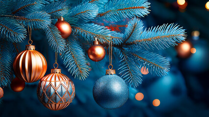 Blue and gold christmas balls on fir tree close up.