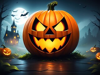 Spooky Pumpkin-Headed Characters in Misty Halloween Forest: Eerie Cartoon Scene with Haunted Houses and Evil Spirits