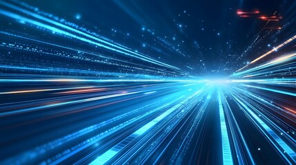 Vector Abstract, science, futuristic, energy technology concept. Digital image of light rays, stripes lines with blue light, speed and motion blur over dark blue background. 