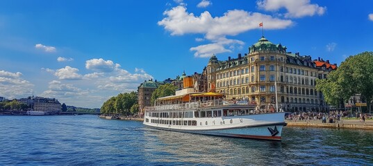 Naklejka premium Grand River Cruise Historic steamboat embarks on scenic journey through Stockholms waters.