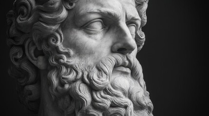 A detailed close up view of a statue depicting a man with a beard