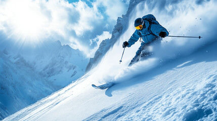 Skier in blue outfit carving through powder snow, extreme winter sport concept