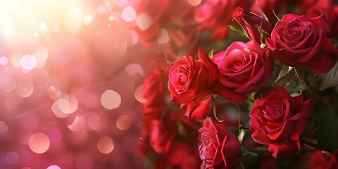 Macro Shot of Red Roses with Warm Sunlight and Bokeh
