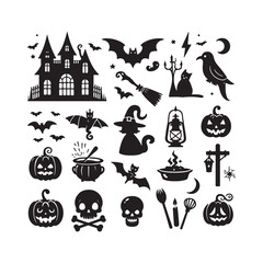 Halloween elements silhouette vector. Halloween elements silhouette set. Creepy and spooky fauna creatures group, monochrome icons, signs