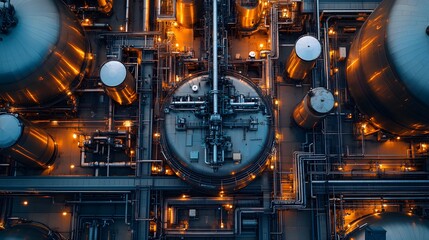 Industrial stainless steel tank integrated into the core of a space station, neon lights reflecting off its surface, dark sci-fi ambiance, isometric view, digital illustration