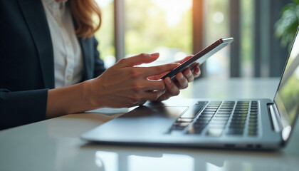 Cropped shot of executive woman holding smartphone in hands while doing online financial transaction by her smartphone in front computer tablet at the modern working desk.