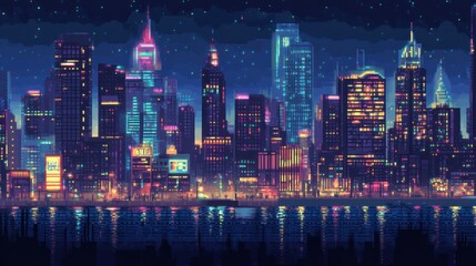 Obraz premium Nighttime Cityscape with Pixelated Buildings and Reflections