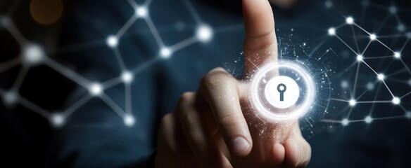 Close-up of a businessman touching the power button with his finger on a virtual screen