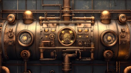 Industrial tank with complex pipes, steampunk style, brass and copper accents, sepia tones, detailed illustration, mechanical intricacies highlighted