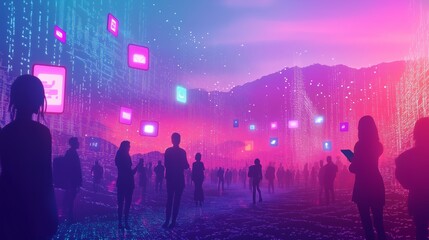 A vibrant digital landscape features glowing streams, diverse users, and a captivating sky inviting exploration.