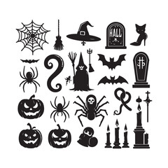 Halloween elements silhouette vector. Halloween elements silhouette set. Creepy and spooky fauna creatures group, monochrome icons, signs