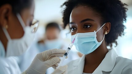 Close-up of a syringe being filled with a vaccine from a vial, with the healthcare worker focused on their task