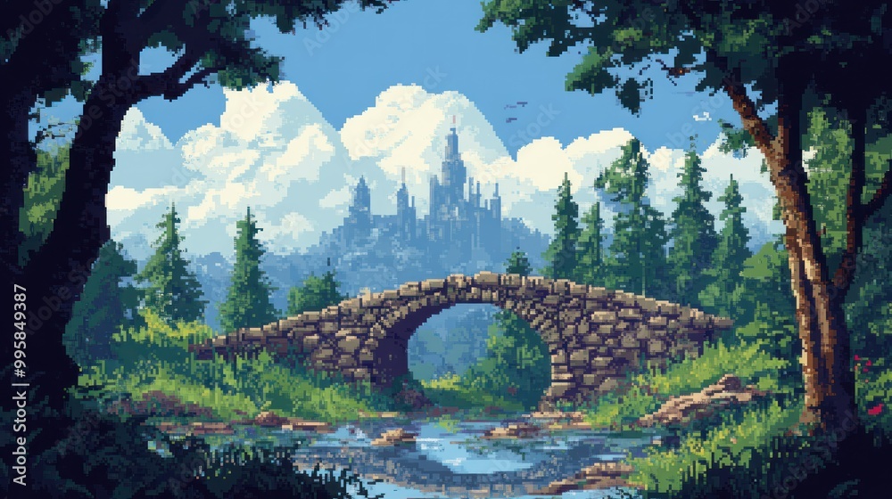 Sticker Pixelated Stone Bridge Leading to a Distant Castle in a Forest Landscape