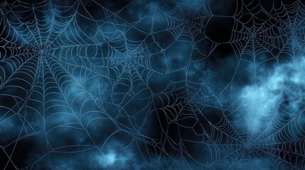 Fototapeta premium A spooky Halloween background with spider webs in various styles, dense in some areas and delicate in others, highlighted by water droplets, fog, and dramatic shadows.