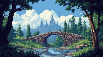 Fototapeta premium Pixelated Stone Bridge Leading to a Distant Castle in a Forest Landscape