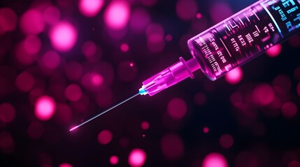 A macro shot of a syringe needle entering the skin, captured in extreme precision, vibrant holographic overlays displaying medical data. Hyper-realistic, soft neon lighting, futuristic
