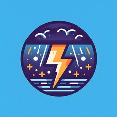 Thunder With a Cloud Icon in Blue Background Round Design. Thunder Logo for Graphic Resources Flat Vector Design