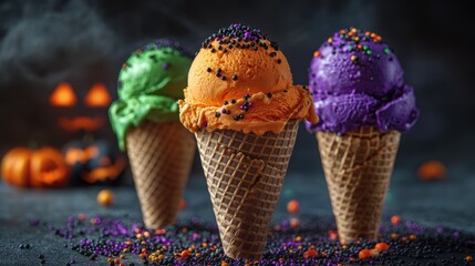 Colorful Halloween ice cream cones with vibrant orange, purple, and green scoops, topped with Halloween-themed sprinkles.