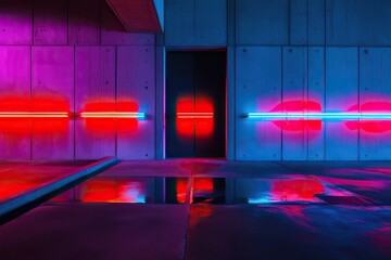 Vibrant Neon Reflections on Urban Concrete Walls: Illuminating Red and Cyan Aesthetic