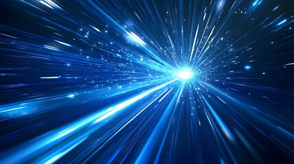Vector Abstract, science, futuristic, energy technology concept. Digital image of light rays, stripes lines with blue light, speed and motion blur over dark blue background. 