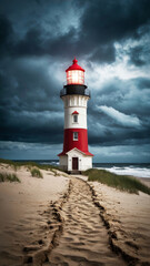 Dramatic landscape featuring a solitary lighthouse on a sandy beach