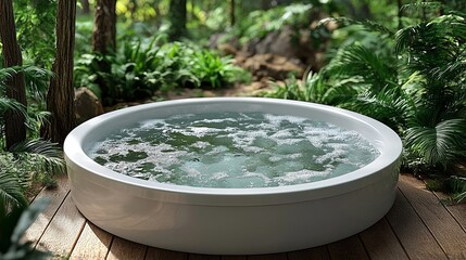Fototapeta premium A round hot tub with bubbling water set amongst lush green foliage, surrounded by wooden decking