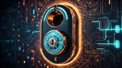 A futuristic lock with a glowing halo, set against a background of circuit boards, representing digital security.